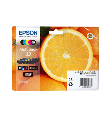 Epson Tinte T3337, 33 Original Kombi-Pack Schwarz, Foto Schwarz, Cyan, Magenta, Gelb