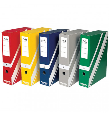 Pressel Archivbox, F75, Klappdeckel, A4, 7,5 x 26 x 32,5 cm, 5farbig sortiert
