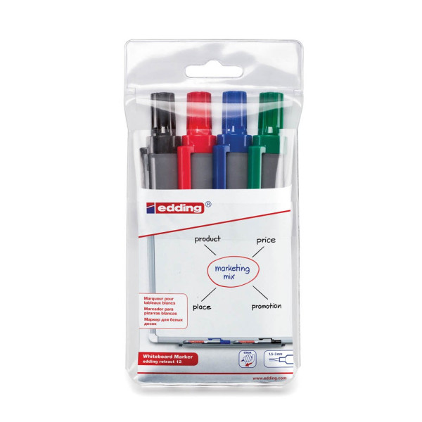 10 Stück Edding Boardmarker-Set retract 12, 4-12-4, Etui, 4-farbig sortiert, 1,5-3mm Rundspitze 4004764938100 Edding 4 Stück