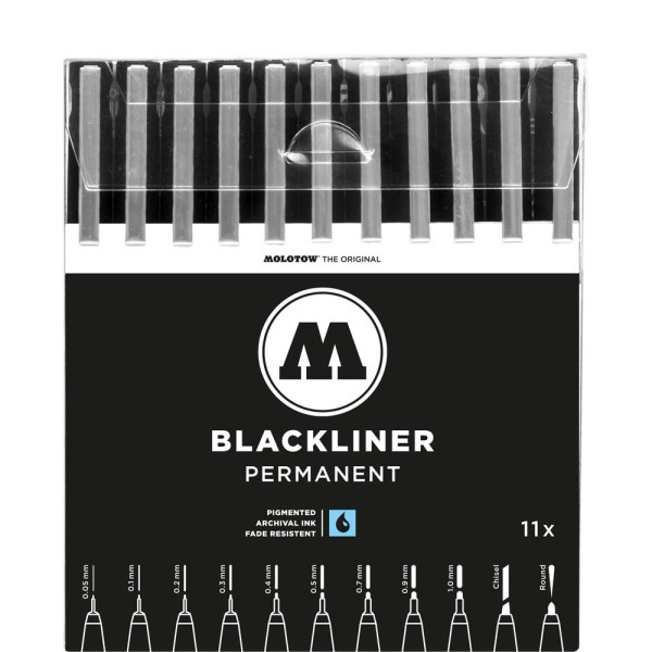 Molotow Blackliner Complete 11er Set (Strichstärke 0,05 mm bis 1,0 mm, Keilspitze und Rundspitze, Fineliner mit permanenter, dokumentenechter Tinte) 11 Stück schwarz
