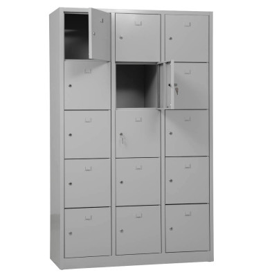 Schließfachschrank 106975, Metall, 3 Abteile mit 15 Fächern, abschließbar, 119x190cm (BxH), lichtgrau