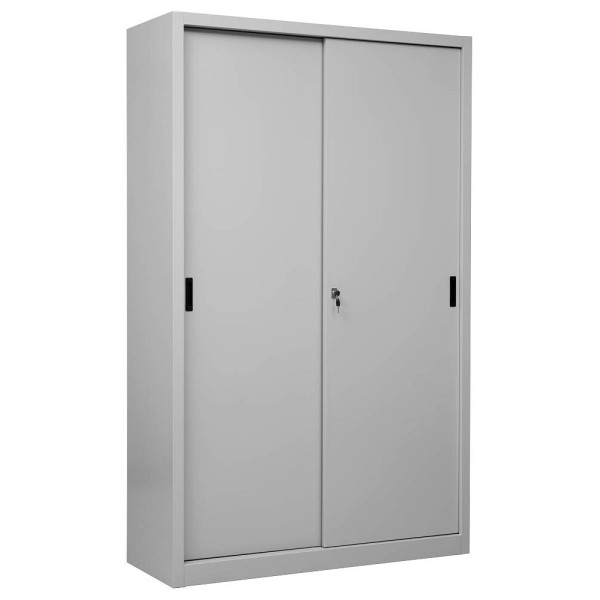 4260090173404 - Schiebetürenschrank 5 Ordnerhöhen 4 höhenverstellbare Fachböden abschließbar B 1200 x T 450 mm x H 1950 mm Stahl lichtgrau RAL 7035