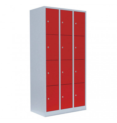 Schließfachschrank 520434, Metall, 3 Abteile mit 12 Fächern, abschließbar, 88,5x180cm (BxH), rot
