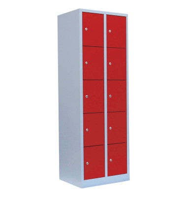 Schließfachschrank 520524, Metall, 2 Abteile mit 10 Fächern, abschließbar, 60x180cm (BxH), rot