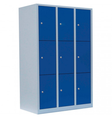 Schließfachschrank 523331, Metall, 3 Abteile mit 9 Fächern, abschließbar, 118,5x180cm (BxH), blau