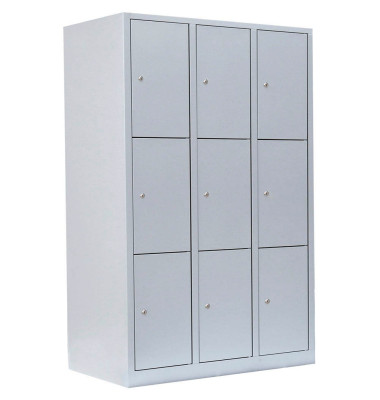 Schließfachschrank 523330, Metall, 3 Abteile mit 9 Fächern, abschließbar, 118,5x180cm (BxH), lichtgrau