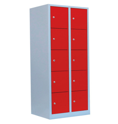 Schließfachschrank 523524, Metall, 2 Abteile mit 10 Fächern, abschließbar, 80x180cm (BxH), rot