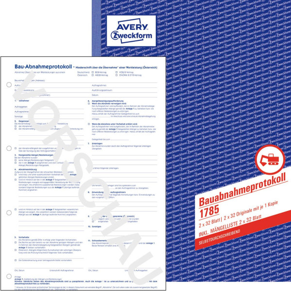 4004182017852 - AVERY Zweckform Bauformulare Bauabnahmeprotokoll Bauabnahmeprotokoll A4 1785 DIN A4 je 2x32 (128) Seiten