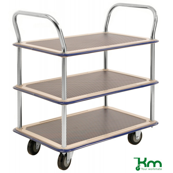 7350050356446 - Tischwagen KM130-HL Tablettwagen Antirutschbeschichtung 3 Böden 490x810x870mm (BxLxH) bis 220kg belastbar 2 Lenk- und 2 Bo 