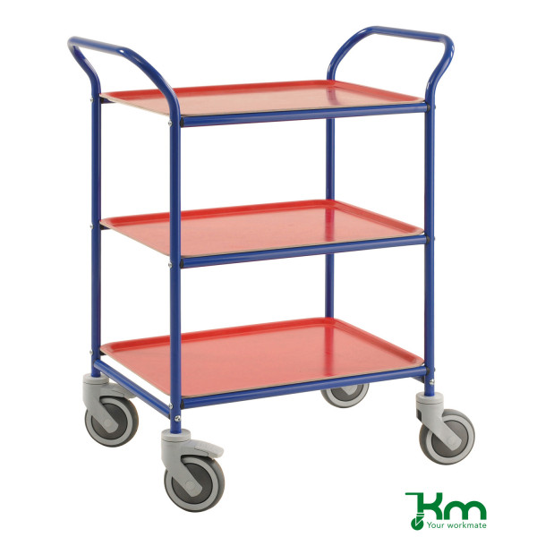 7350050356538 - Tablettwagen KM1620-BR 3 Tabletts 495x770x960mm (BxLxH) bis 150kg belastbar 4 Lenkrollen 2 davon mit Bremse blau 735005035