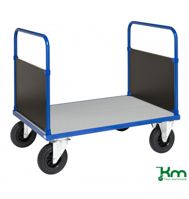 Plattformwagen Serie 400 KM433-3B, 800x1200mm (BxL gesamt), bis 500kg belastbar, 2 Bockrollen, 2 Lenkrollen, mit Bremse, blau