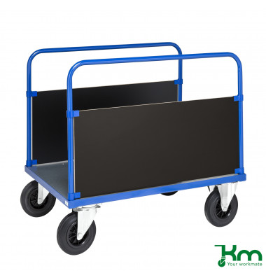 Plattformwagen Serie 400 KM436-3B, 800x1200mm (BxL gesamt), bis 500kg belastbar, 2 Bockrollen, 2 Lenkrollen, mit Bremse, blau