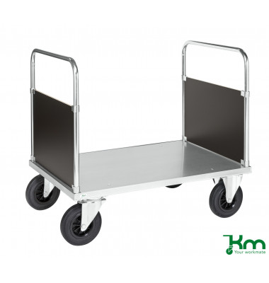 Plattformwagen Serie 600 KM633-2B, 700x1000mm (BxL gesamt), bis 500kg belastbar, 2 Bockrollen, 2 Lenkrollen, mit Bremse, silber