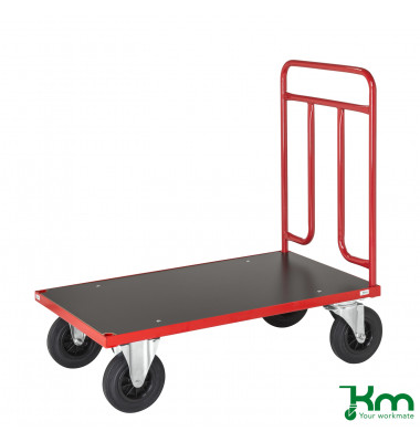 Plattformwagen Serie 700 KM731-4B, 600x1000mm (BxL gesamt), bis 500kg belastbar, 2 Bockrollen, 2 Lenkrollen, mit Bremse, rot