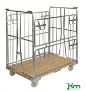 Rollcontainer KM89, Rollcontainer mit Holzboden, 800x1200x1420mm (BxLxH), bis 500kg belastbar, 2 Bockrollen, 2 Lenkrollen, verzi