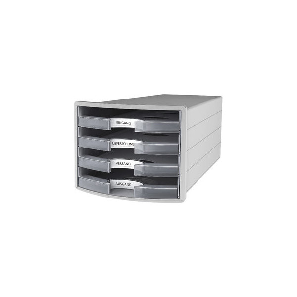 4012473101838 - - Schubladenbox impuls 4 Schubladen din A4 din C4 Polystyrol Gehäusefarbe lichtgrau Farbe der Schublade klar transluzent