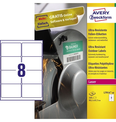 Avery-Zweckform L7914-40 Etiketten (A4) 99.1 x 67.7 mm Polyethylenfolie Weiß 320 St. Permanent Universal-Etiketten Avery-Zweckform L7914-40 Etiketten (A4) 99.1 x 67.7 mm Polyethylenfolie Weiß 320 St. Permanent Universal-Etiketten
