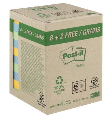 Haftnotizen 654-RCP10, Recycling Notes, 76x76mm, je 3 x gelb/mint/4 x hellblau, quadratisch Haftnotizen 654-RCP10, Recycling Notes, 76x76mm, je 3 x gelb/mint/4 x hellblau, quadratisch