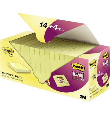 Haftnotiz Notes 76 x 76 mm (B x H) inkl. 4 x 90 Bl. Post-it® Super Sticky Notes gratis gelb 100 Bl./Block 14 Block/Pack.