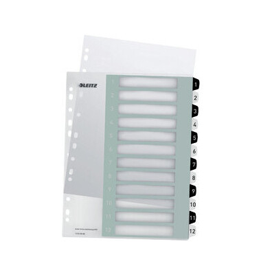 Kunststoffregister WOW 12160000, 1 bis 12, A4+, 300&micro;m, schwarz-wei&szlig;e Taben, 12-teilig