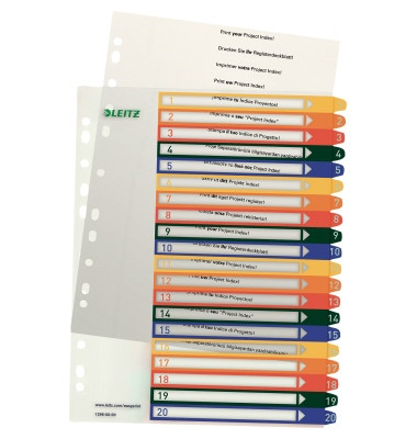 Kunststoffregister 1296-00-00, 1 bis 20, A4+, 300&micro;m, farbige Taben, 20-teilig