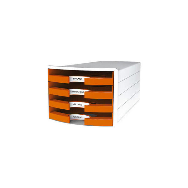4012473101869 - - Schubladenbox impuls 4 Schubladen din A4 din C4 Polystyrol Gehäusefarbe weiß Farbe der Schublade Trend Colour orange