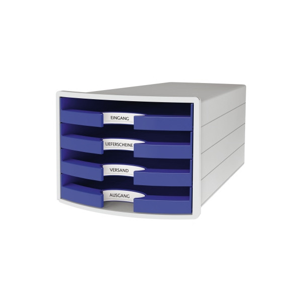 4012473101821 - Schubladenbox IMPULS 4 Schubladen DIN A4 DIN C4 Polystyrol Gehäusefarbe lichtgrau Farbe der Schublade blau