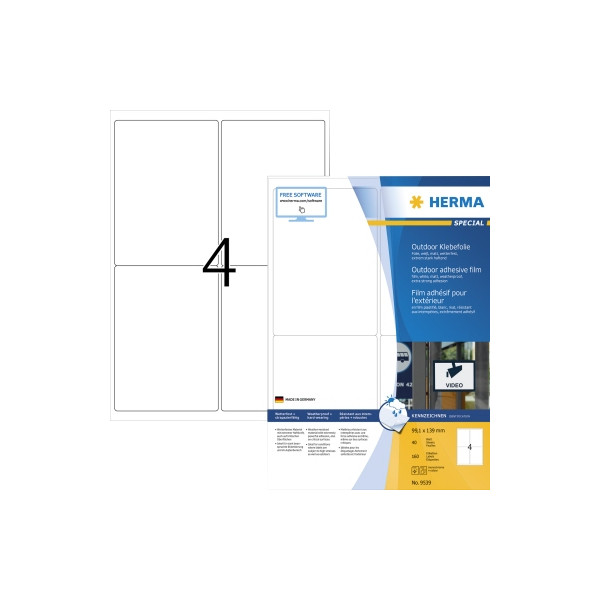 4008705095396 - 9539 Folien-Etiketten 991 x 139 mm Folie matt Weiß 160 St Extra stark haftend Laserdrucker Farblaserdrucker Kopierer Farbkopierer