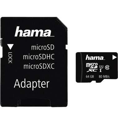 Speicherkarte 00124140, Micro-SDXC, mit SD-Adapter, Class 10, bis 80 MB/s, 64 GB