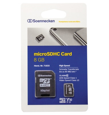 Speicherkarte 71633, Micro-SDHC, mit SD-Adapter, Class 10, bis 10 MB/s, 8 GB Speicherkarte 71633, Micro-SDHC, mit SD-Adapter, Class 10, bis 10 MB/s, 8 GB