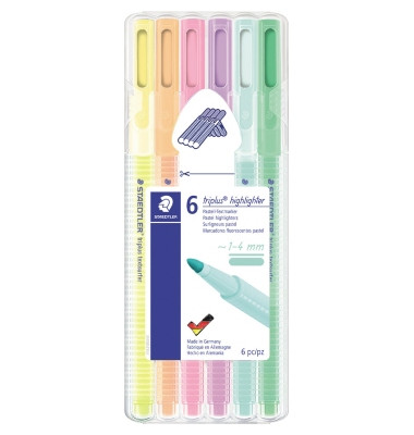 Textmarker triplus® textsurfer® 362 pastel 1-4mm sonnengelb, pfirsich, hellkarmin, lavendel, mint, limettengrün 6 St./Pack. Textmarker triplus® textsurfer® 362 pastel 1-4mm sonnengelb, pfirsich, hellkarmin, lavendel, mint, limettengrün 6 St./Pack.
