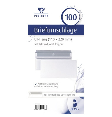 Briefumschlag Posthorn 01220617, Din Lang, ohne Fenster, selbstklebend, 75g, weiß