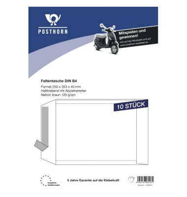 Faltentaschen Posthorn 07080610, B4, ohne Fenster, 40mm-Falte, haftklebend, 120g, braun Faltentaschen Posthorn 07080610, B4, ohne Fenster, 40mm-Falte, haftklebend, 120g, braun
