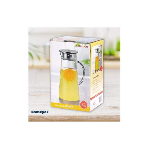 4007796057658 - ESMEYER Porto Glaskaraffe 1 L Borosilikatglas hitzebeständig Edelstahl-Deckel 18 10 mit Filter & Dichtung 226×108 mm