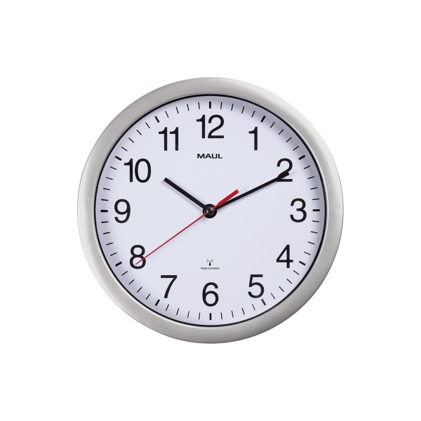 4002390065641 - Funk Wanduhr MAULrun rund für Innenräume arabische Zahlen Minuten & Stundeneinheiten ∅ 252 mm Kunststoff & Mineralglas silber-weiß-schwarz inkl Batterie