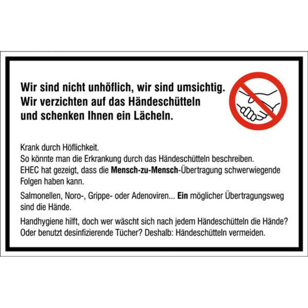 4044589428066 - Verbotsaufkleber Wir sind nicht unhöflich wir sind umsichtig Wir verzichten auf das Händeschütteln und schenken Ihnen ein Lächeln rechteckig 300 x 200 cm 4044589428066 - Verbotsaufkleber Wir sind nicht unhöflich wir sind umsichtig Wir verzichten auf das Händeschütteln und schenken Ihnen ein Lächeln rechteckig 300 x 200 cm
