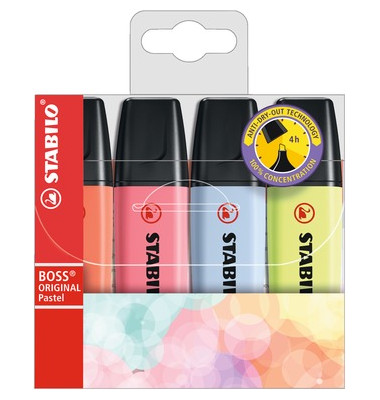 Textmarker BOSS ORIGINAL Pastel, 70/4-3, Etui, 4-farbig sortiert, 2-5mm Keilspitze