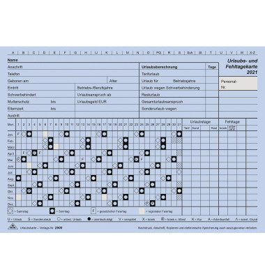 Urlaubs- und Fehltagekarten 2900/21-10 A5-quer blau für 2021