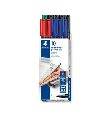 Folienstifte-Set Lumocolor, 318 B10, 4-farbig sortiert, 0,6mm, Rundspitze, nachf&uuml;llbar