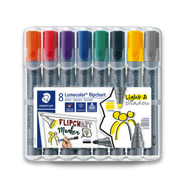 Flipchartmarker Lumocolor 356, 356 SWP8, Packung, orange,rot,gr&uuml;n,violett,blau,schwarz,gelb,grau, 2+2-5mm Rundspitze, Keilspitze