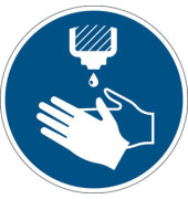Schild, H&auml;nde desinfizieren, sk, abl&ouml;sbar, rund, &Oslash;: 430 mm, blau