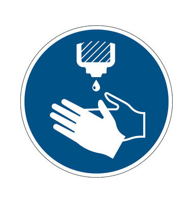 Schild, H&auml;nde desinfizieren, sk, abl&ouml;sbar, rund, &Oslash;: 430 mm, blau