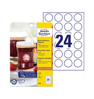 Etikett, A4-Bg., ablösbar, rund, Ø: 40 mm, weiß