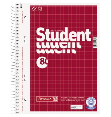 Collegeblock 10-6787201 Student Recycling, Lineatur 28 / kariert mit Rand innen/außen, A5, 70g, rot, 80 Blatt Collegeblock 10-6787201 Student Recycling, Lineatur 28 / kariert mit Rand innen/außen, A5, 70g, rot, 80 Blatt