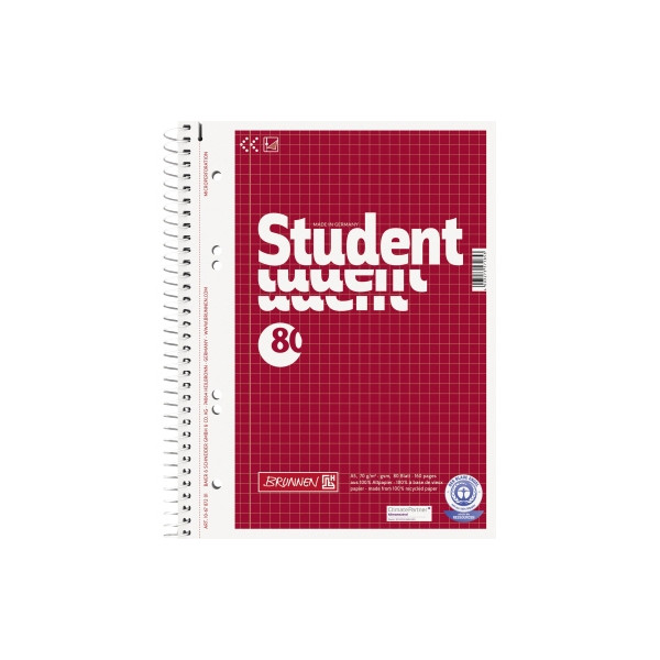 4003273571853 - Collegeblock 10-6787201 Student Recycling Lineatur 28   kariert mit Rand innen außen A5 70g rot 80 Blatt 4003273571853 Brun