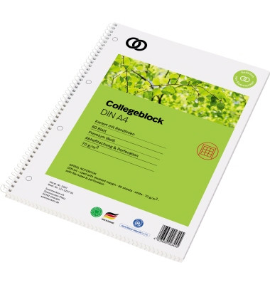 Collegeblock 2367 oeco Recycling, Lineatur 22 / kariert mit Rand innen, A4, 70g, grün, 80 Blatt
