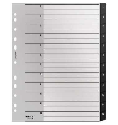 Kunststoffregister recycle 1209-00-00, 1 bis 12, A4, 115&micro;m, schwarze Taben, 12-teilig