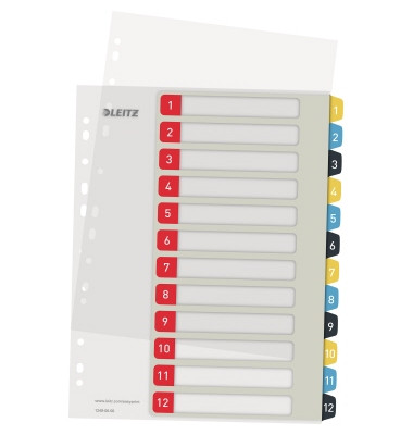 Kunststoffregister Cosy 1248-00-00, 1 bis 12, A4+, 0,3mm, farbige Taben, 12-teilig
