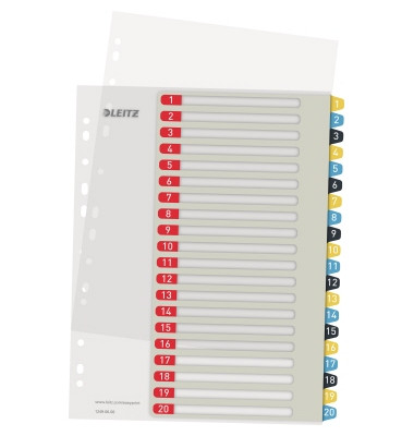 Kunststoffregister Cosy 1249-00-00, 1 bis 20, A4+, 0,3mm, farbige Taben, 20-teilig