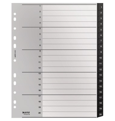 Kunststoffregister recycle 1211 12110000, 1 bis 20, A4, 115µm, schwarze Taben, 20-teilig